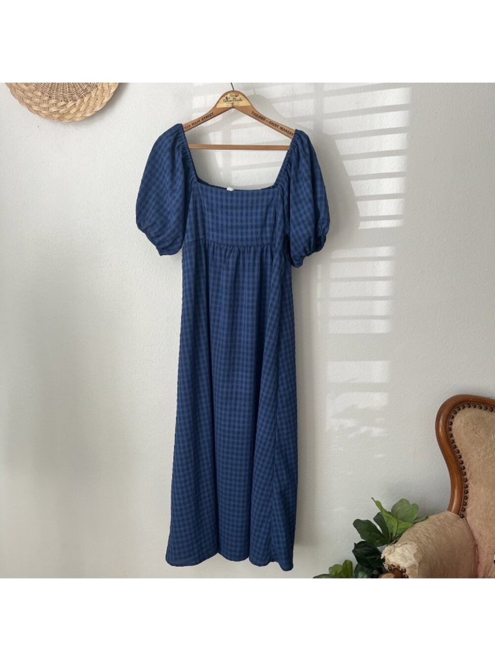 all:row blue puff sleeve midi dress trad wife modest cottagecore traditional S